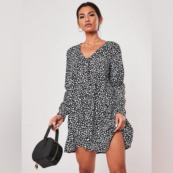 Missguided Dresses & Skirts - Black Dalmatian Button Down Long Sleeve Smock Dress